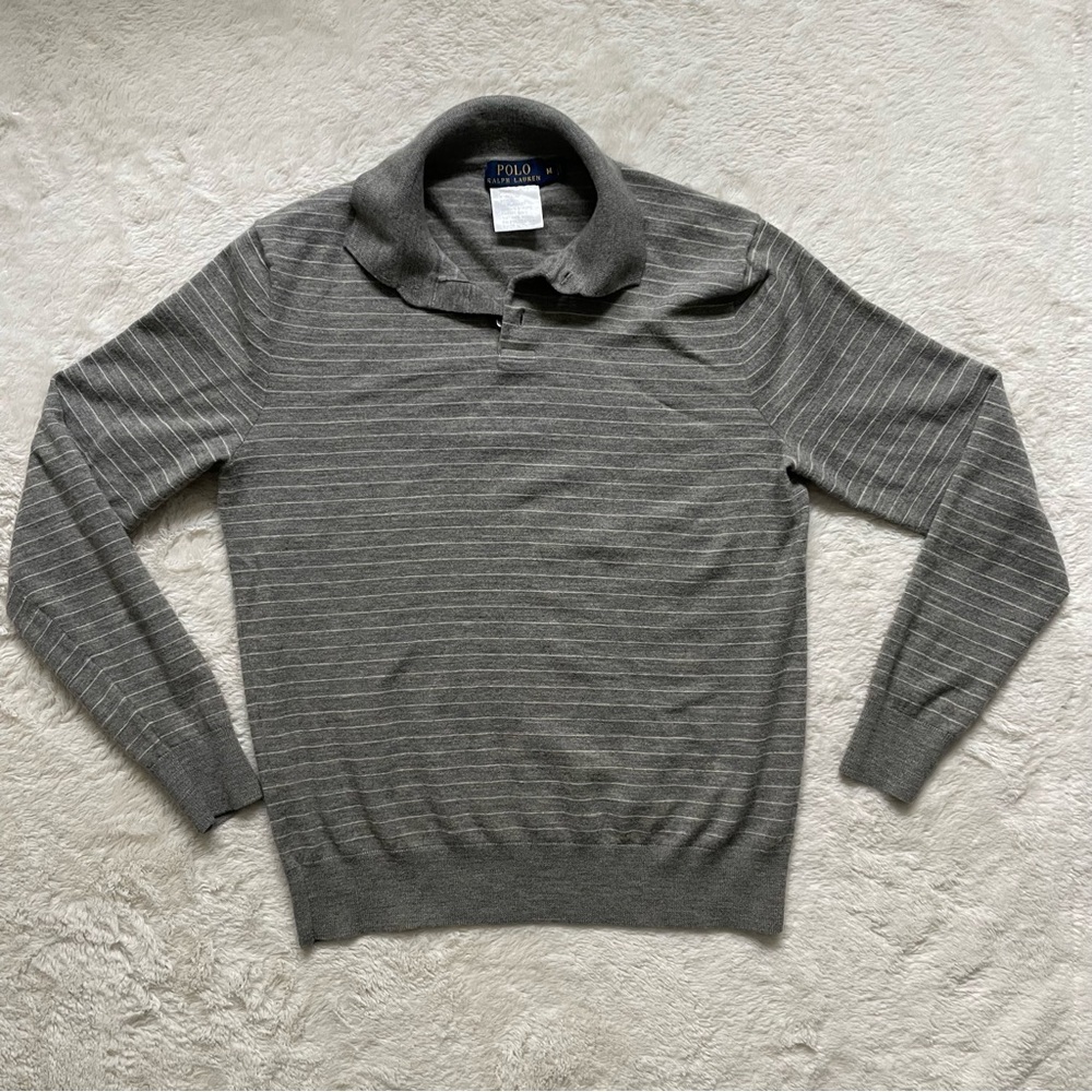 Polo Ralph Lauren Men’s Medium Gray Striped 94% Wool Soft Sweater Collared
